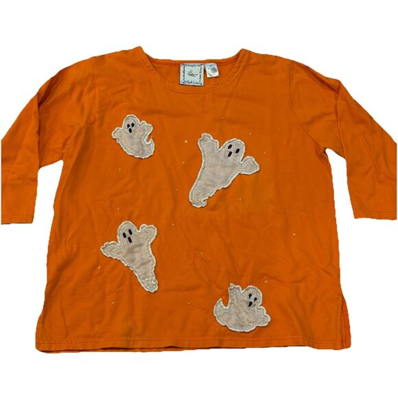 Vintage Michael Simon Top XL Halloween Ghosts Orange Appliqué Double Sided - Picture 1 of 12